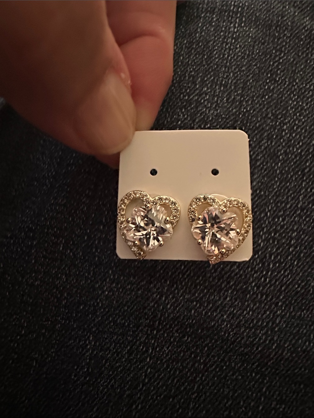 Gold Heart Stud Earrings with Clear Crystal Center